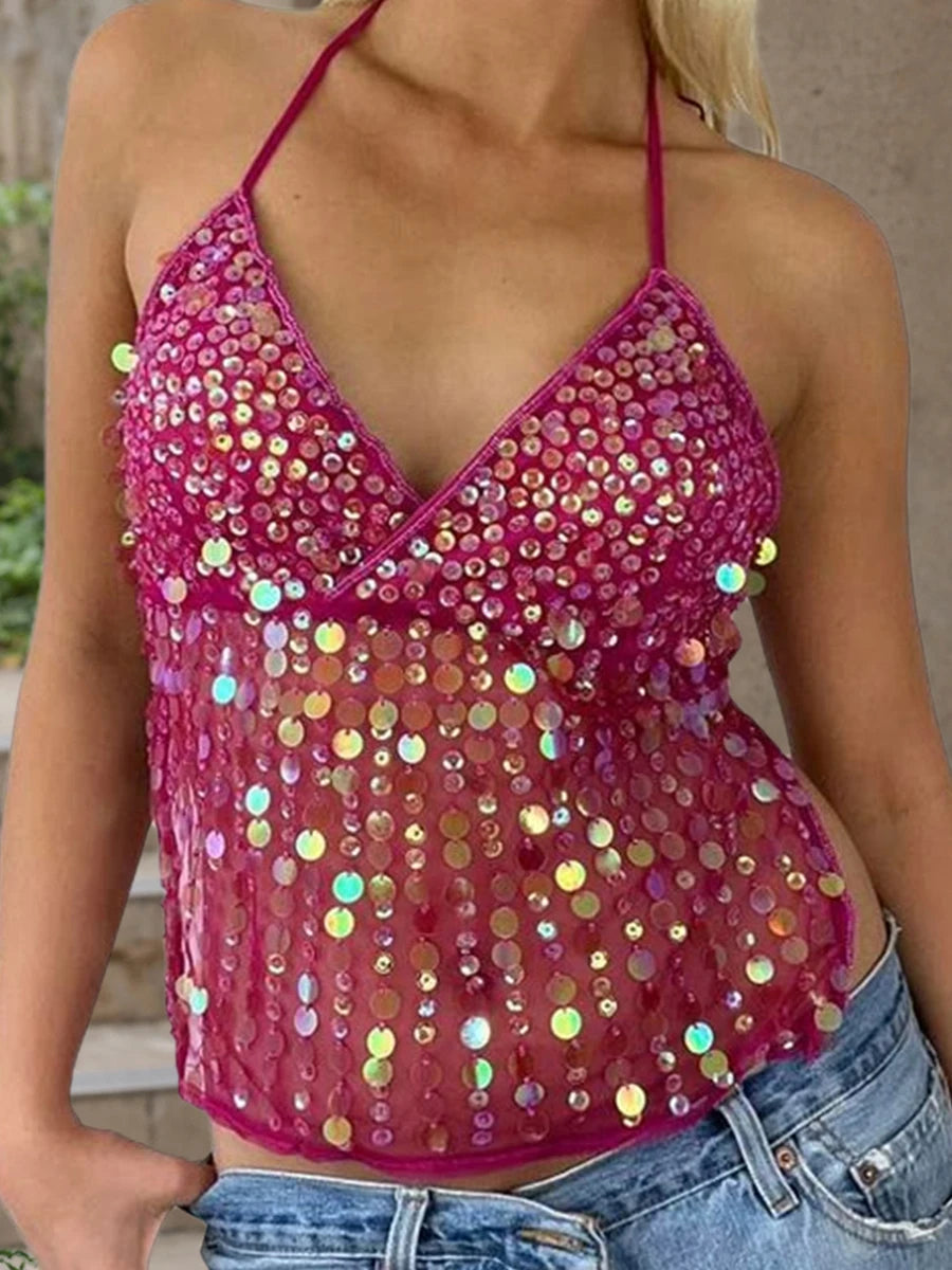 Mimi Y2k Sparkly Sequin Halter Beaded Cami Top