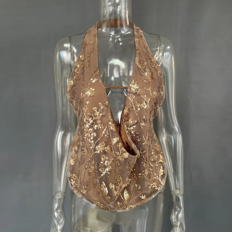 Riahna Seaglass Green Embellished Halterneck Top