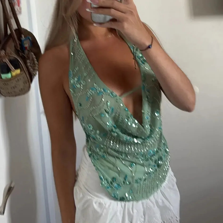 Riahna Seaglass Green Embellished Halterneck Top