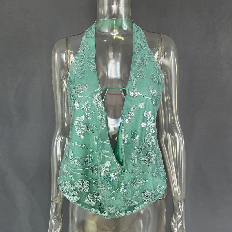 Riahna Seaglass Green Embellished Halterneck Top