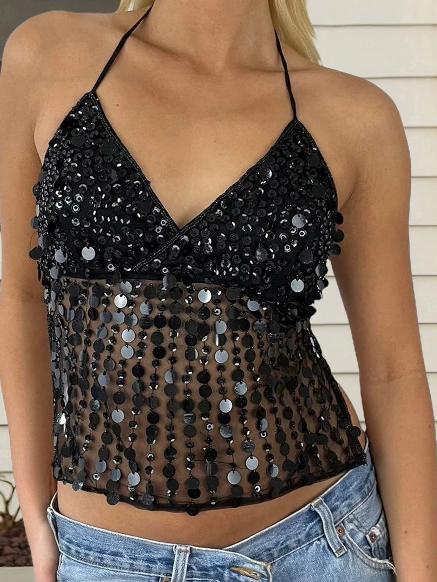 Mimi Y2k Sparkly Sequin Halter Beaded Cami Top