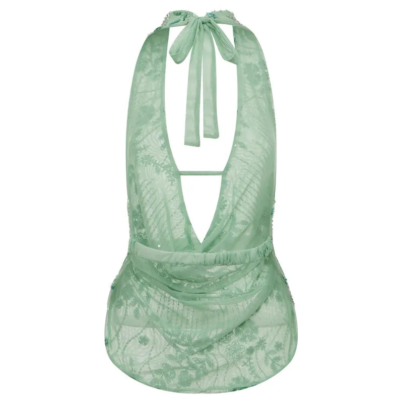 Riahna Seaglass Green Embellished Halterneck Top