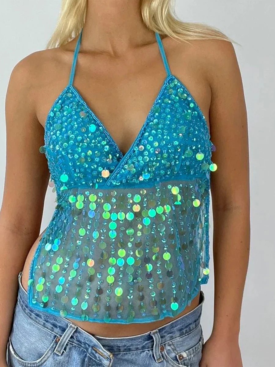 Mimi Y2k Sparkly Sequin Halter Beaded Cami Top