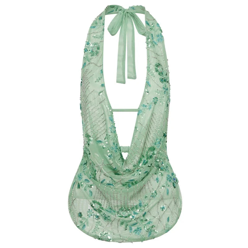 Riahna Seaglass Green Embellished Halterneck Top